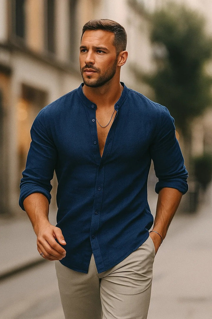 Camisa masculina manga 3/4 casual. Estilo versátil para diversas ocasiões, conforto e moda masculina.