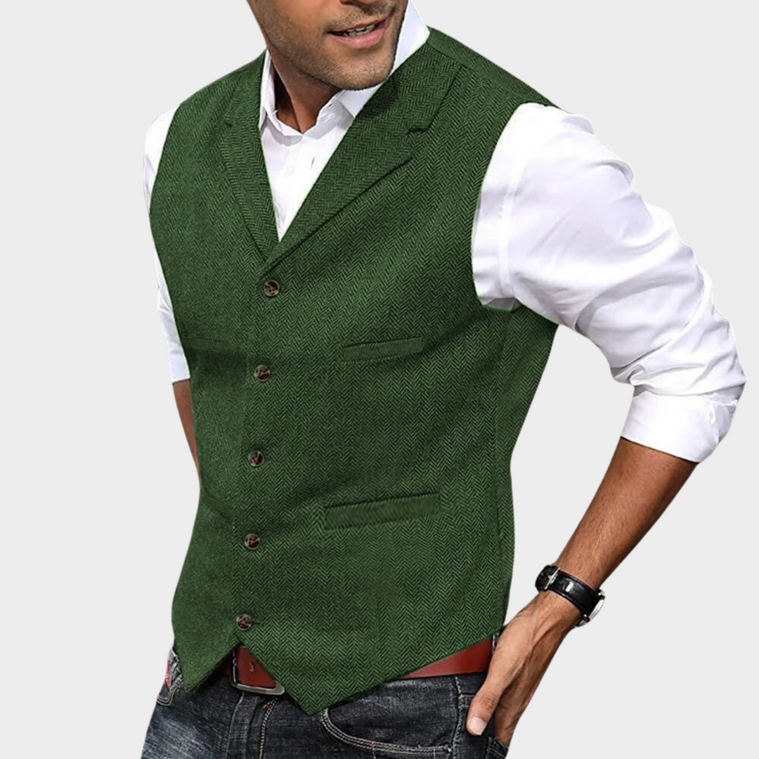 Vista traseira do colete masculino formal de luxo. Corte elegante e caimento impecável para vestuário sofisticado.