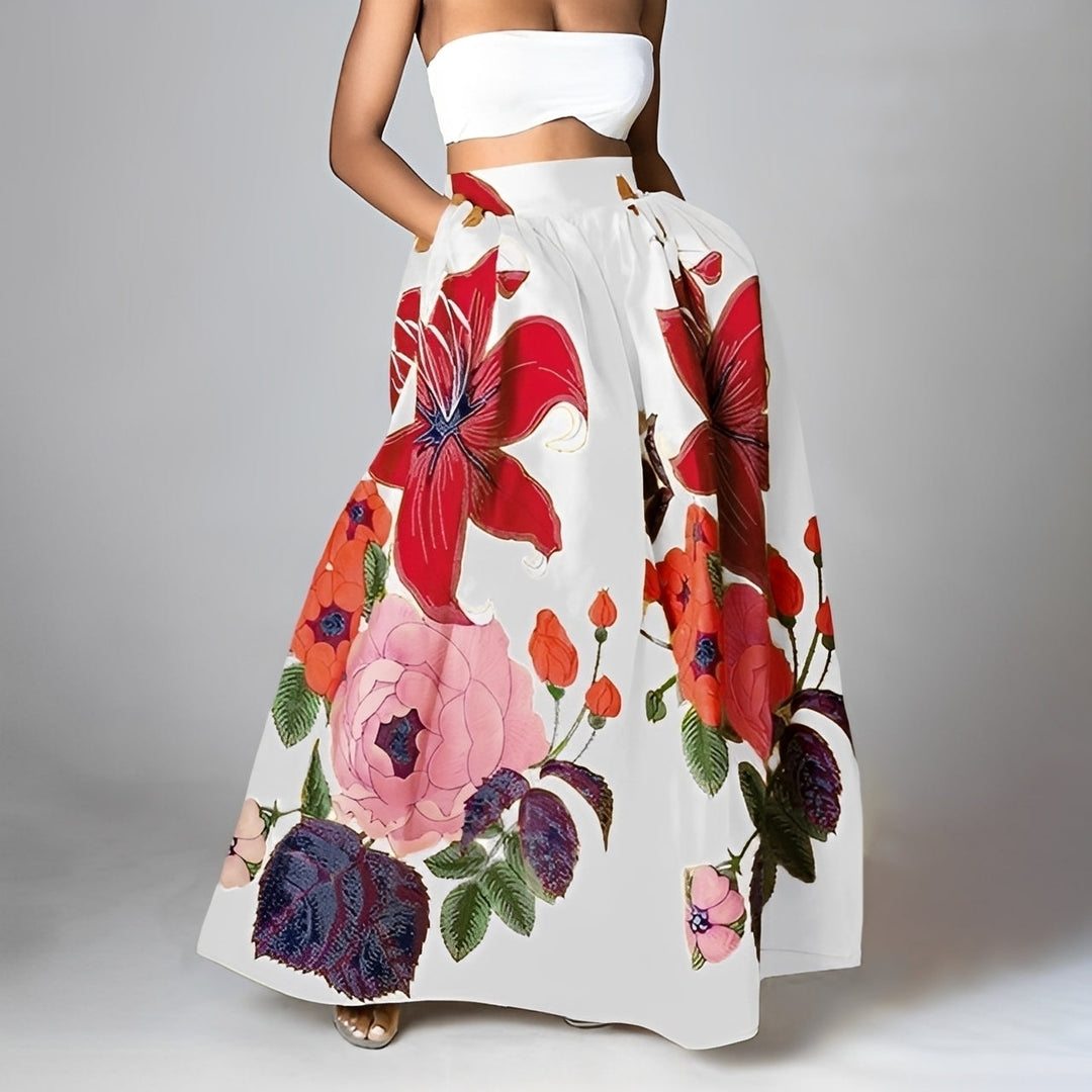 Saia feminina boho elegante de cintura alta para o verão, com estampa vibrante, ideal para moda praia e casual.