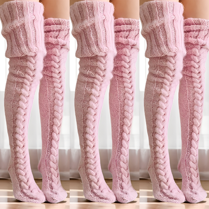 Meias aconchegantes femininas, acima do joelho, um acessório essencial para um inverno estiloso.