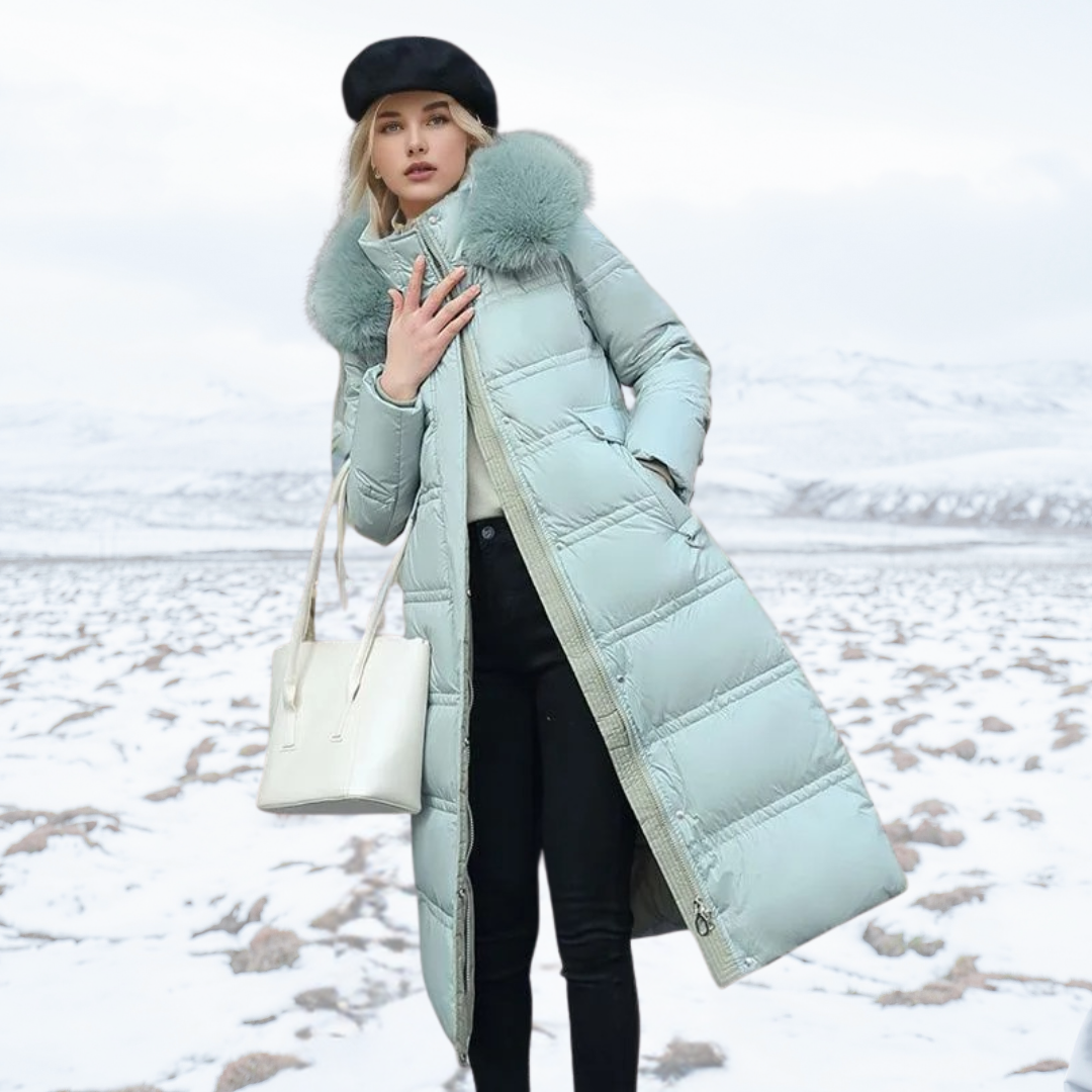 Jaqueta feminina de inverno luxuosa, agasalho elegante para o frio intenso.