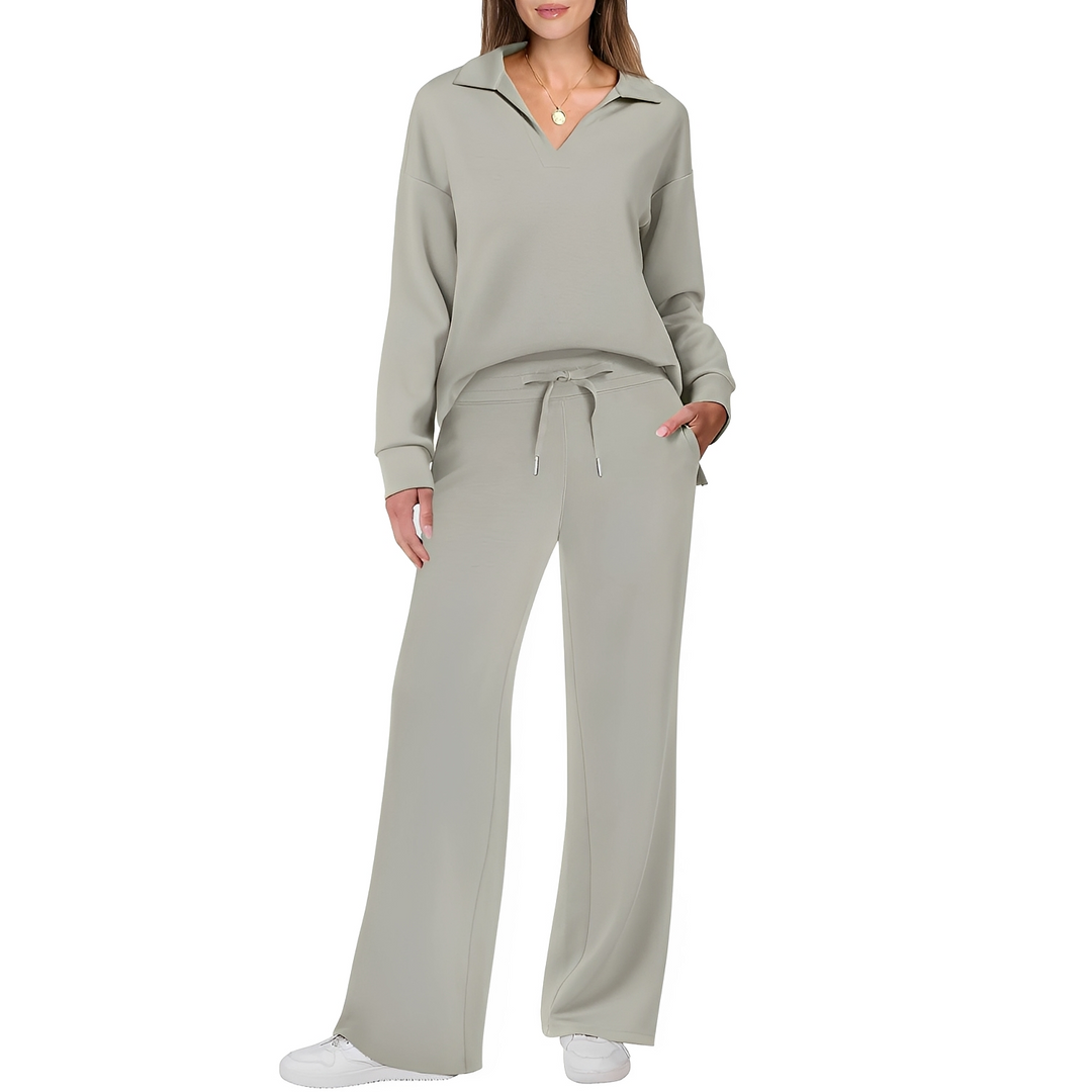 Conjunto feminino versátil: suéter e calças que combinam conforto e estilo para diversas ocasiões.