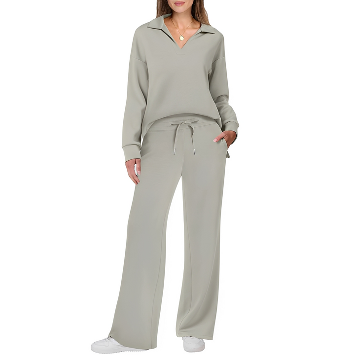 Conjunto feminino versátil: suéter e calças que combinam conforto e estilo para diversas ocasiões.