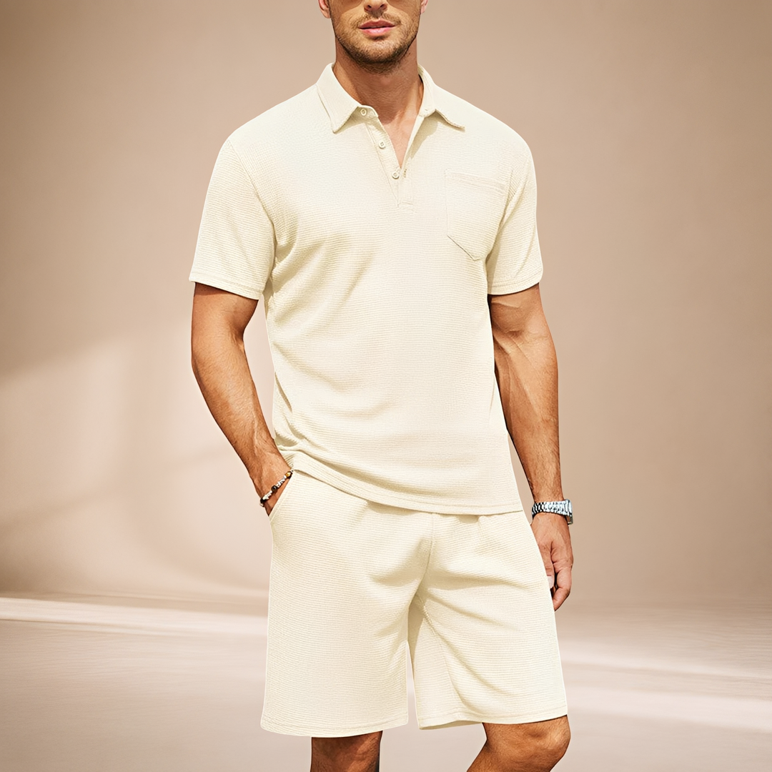 Conjunto masculino de moda verão, polo waffle casual, uma roupa versátil para homens modernos e confortáveis.