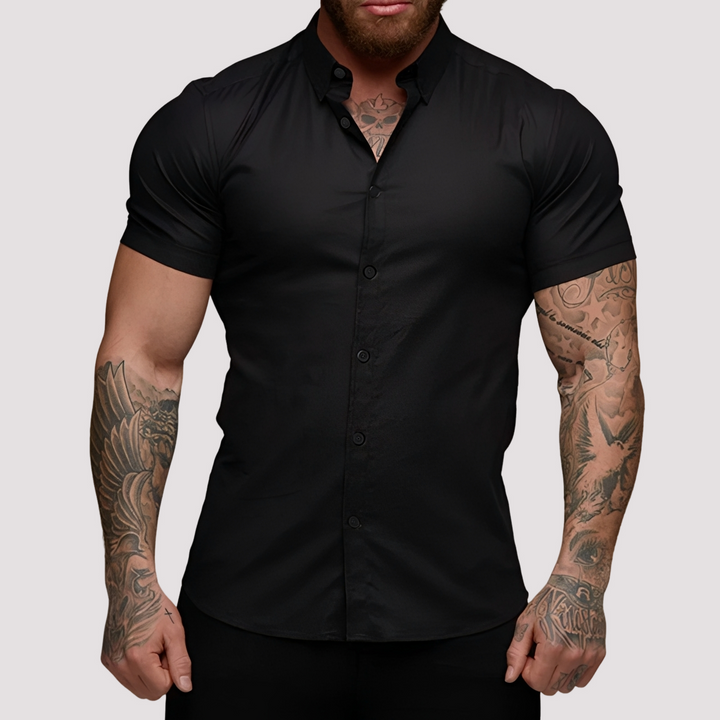 Camisa masculina slim fit manga curta azul. Estilo casual chic moderno, ideal para verão, oferece conforto e elegância.
