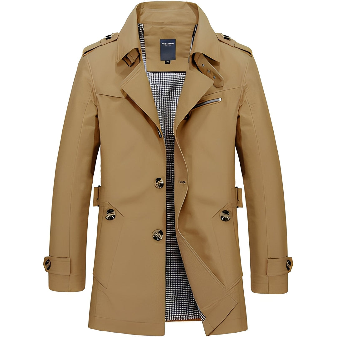 Trench coat masculino elegante, ideal para looks casuais e de negócios na primavera/outono.