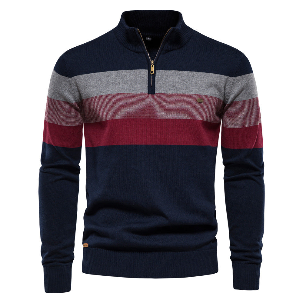 Roupa masculina casual: camisola listrada com zíper, ideal para outono. Pulôver elegante e moderno para conforto diário.