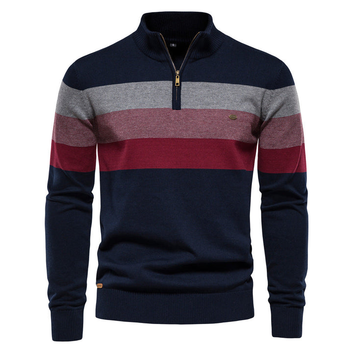 Roupa masculina casual: camisola listrada com zíper, ideal para outono. Pulôver elegante e moderno para conforto diário.