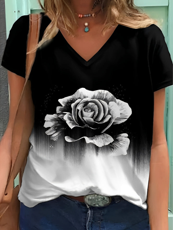 Top feminino elegante com padrão floral. Roupa casual confortável para mulher, ideal para dias de verão e primavera.