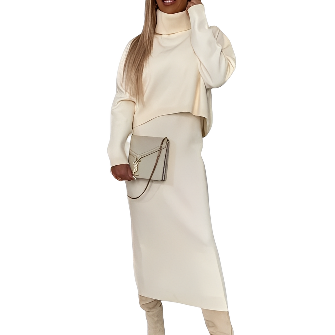 Conjunto feminino elegante com suéter gola alta e saia. Perfeito para outono/inverno e look de escritório.