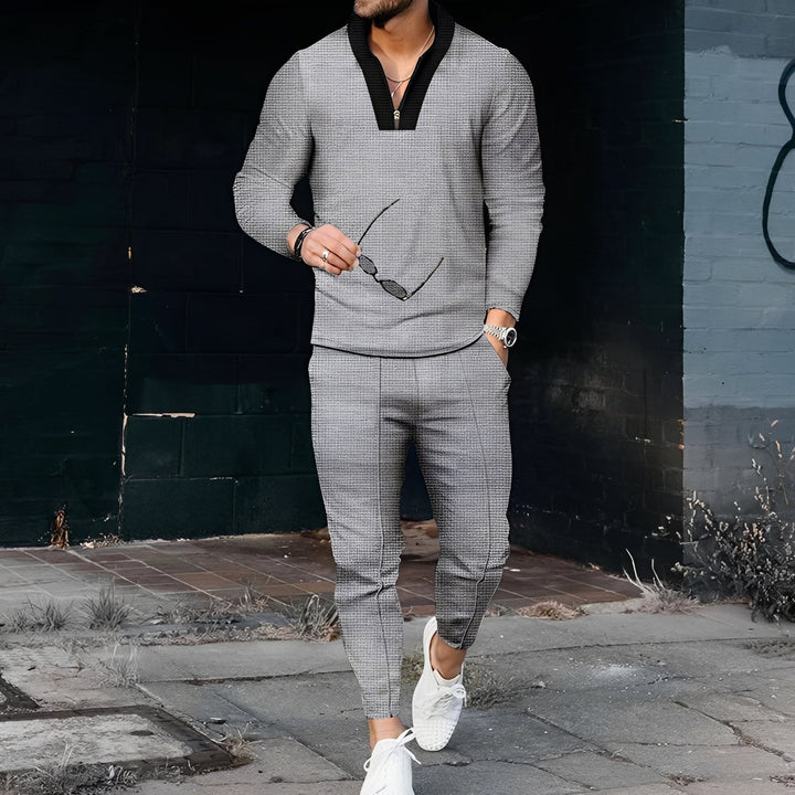 Conjunto masculino casual com padrão waffle, ideal para treino e estilo no outono/inverno.