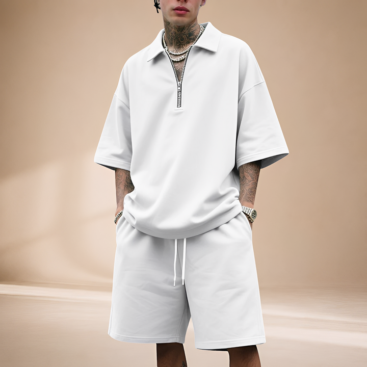 Conjunto de verão masculino, solto e com zíper. Oferece estilo casual e conforto para a moda masculina.