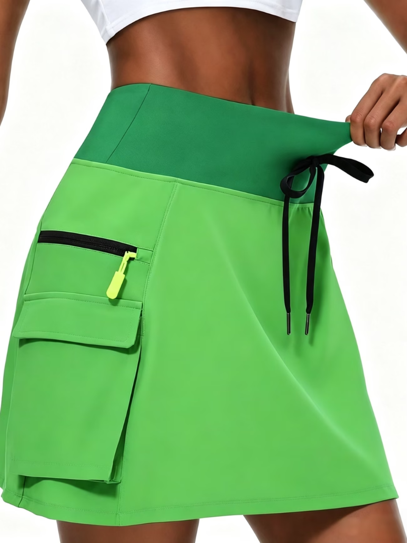 Saia-calça feminina com bolsos para desporto. Ideal para caminhada e ciclismo, garante conforto e estilo no verão.