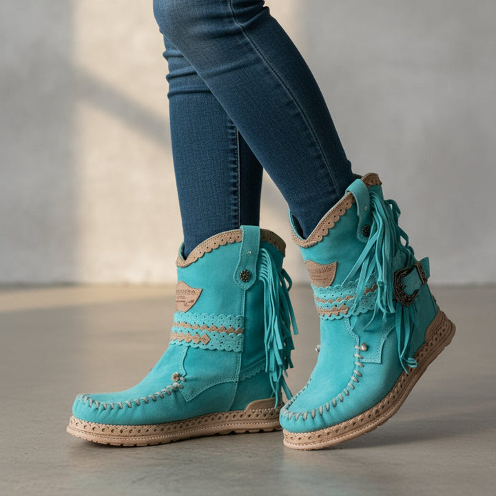Botas femininas confortáveis de tornozelo, perfeitas para o estilo boho. Calçado casual de moda para sapatos de outono e inverno.