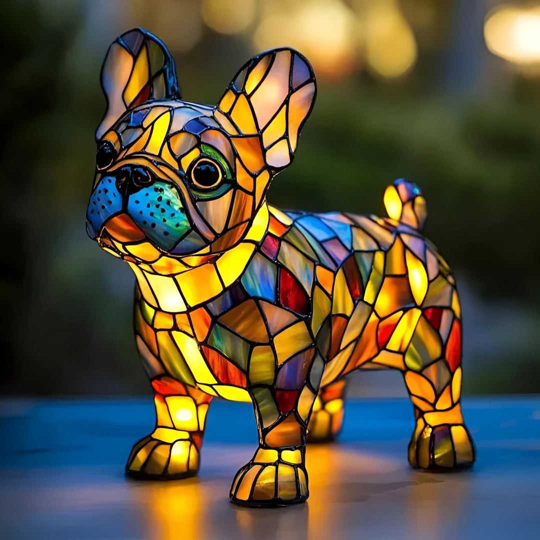 Luminária decorativa moderna de bulldog francês brilhante. Estatueta de cachorro para iluminação de ambiente em casa.