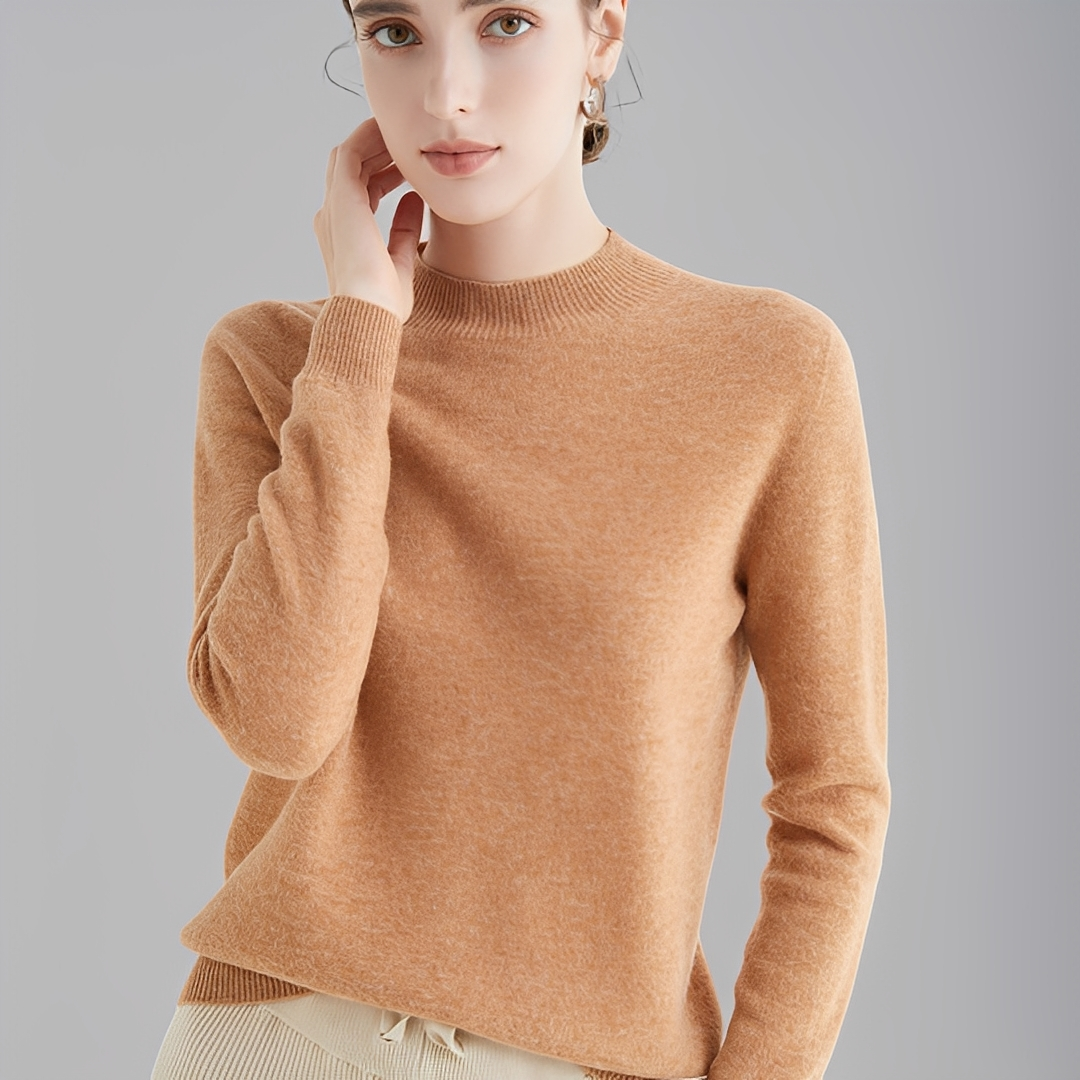 Modelo vestindo camisola feminina gola alta. Roupa de inverno confortável e sofisticada.