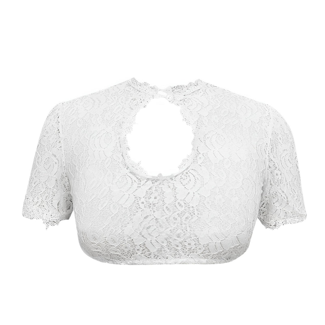 Renda detalhada em blusa feminina elegante, ideal para festas, traje tradicional ou look de verão sofisticado.