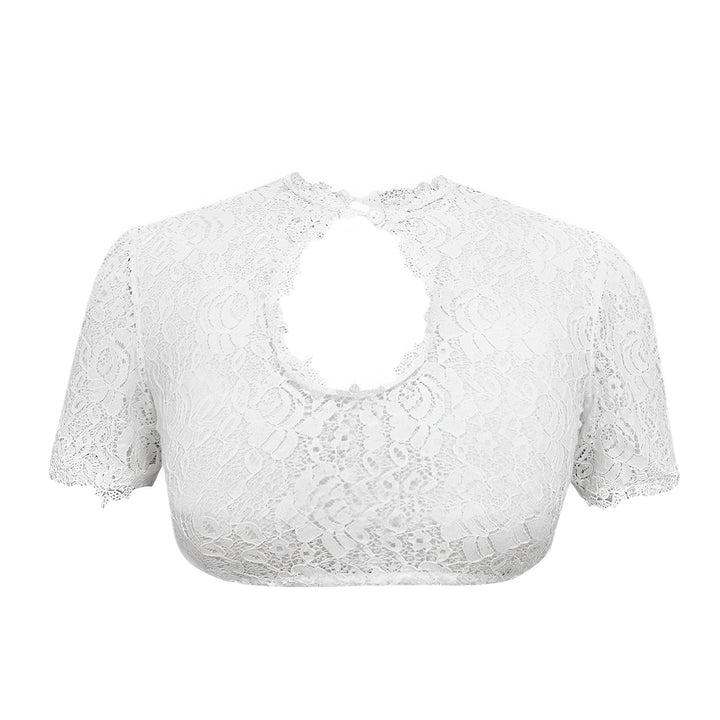 Renda detalhada em blusa feminina elegante, ideal para festas, traje tradicional ou look de verão sofisticado.