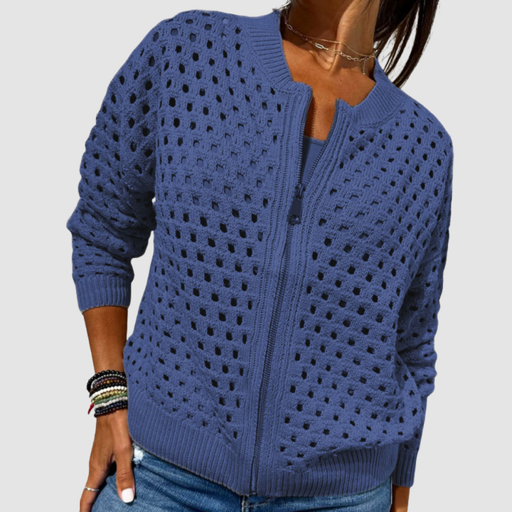 Cárdigan feminino de malha macia com zíper, oferece conforto e aquecimento, perfeito para dias frios.