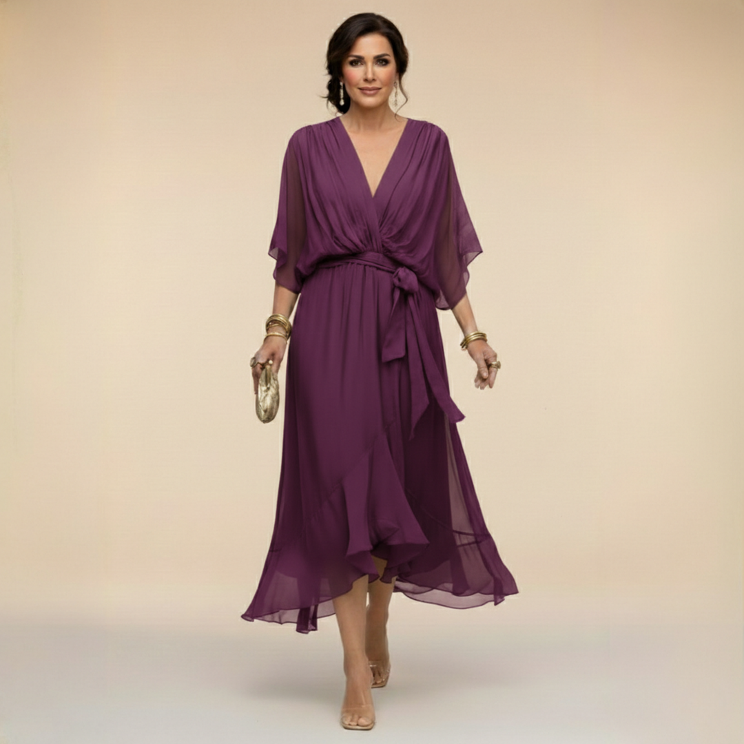 Vestido de festa feminino com decote V, elegante e confortável. Moda versátil para mulheres.