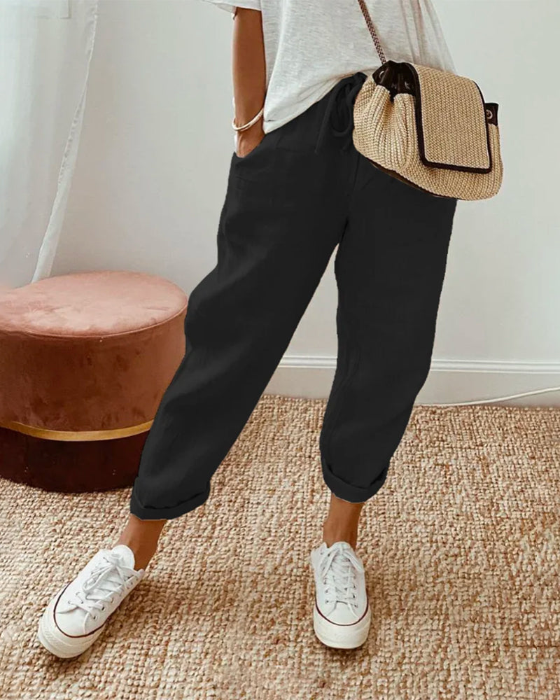 Calças Mel femininas para o verão: conforto, estilo e cintura alta, perfeitas para o dia a dia.