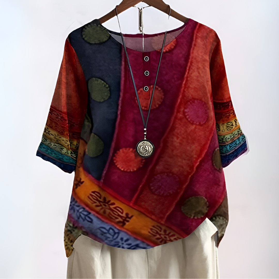 Blusa feminina boho artística com decote de nó, ideal para primavera verão, estilo casual e confortável.