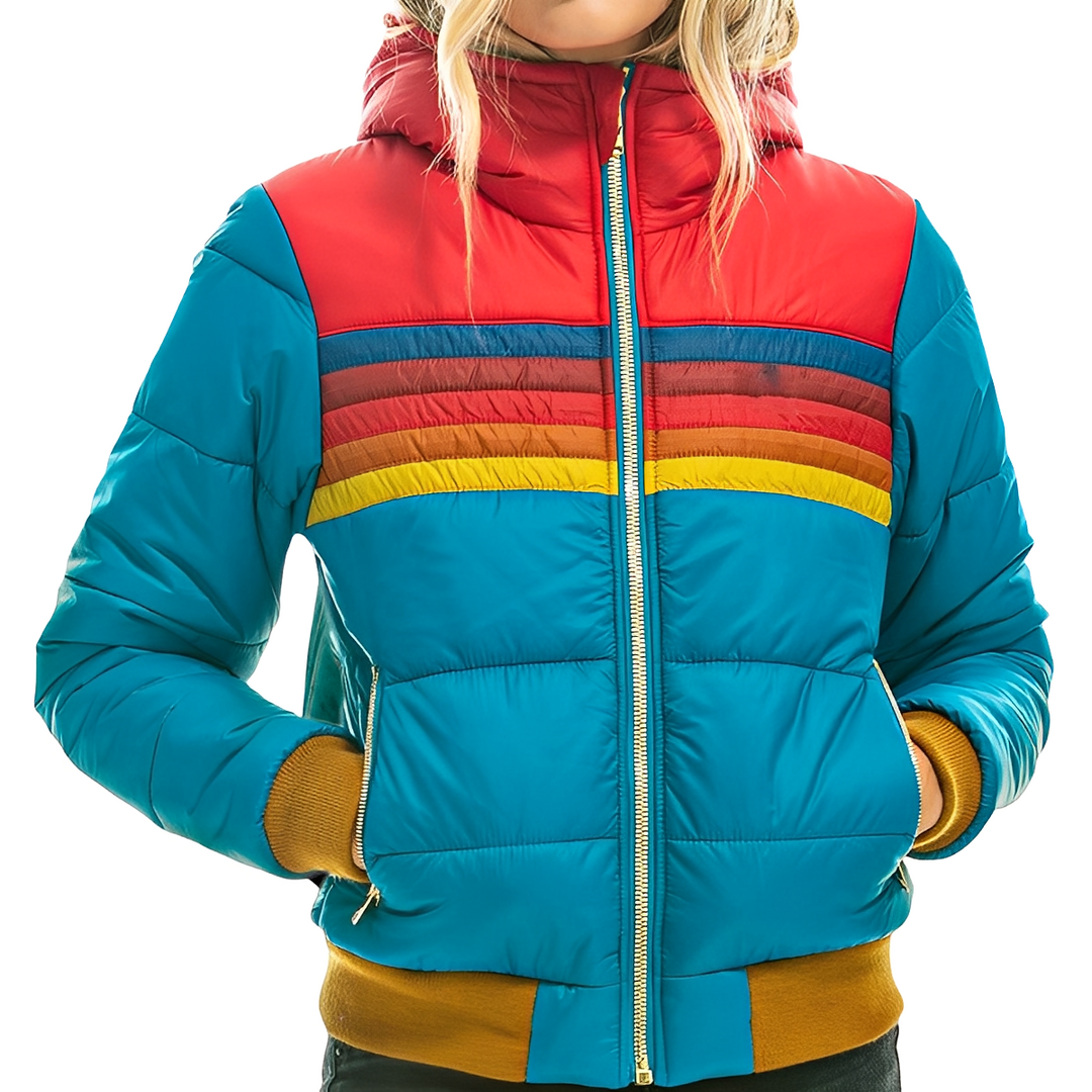 Jaqueta acolchoada feminina elegante com capuz para inverno, oferece calor e conforto para moda feminina no frio.