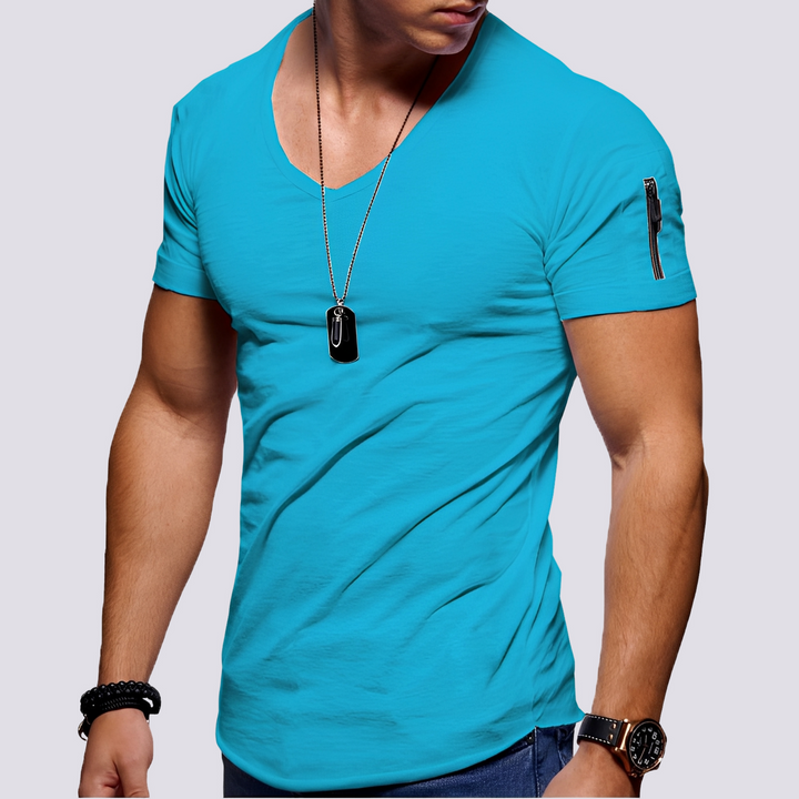 Camiseta masculina slim fit moderna, decote em V. Conforto e estilo para moda masculina casual de verão.