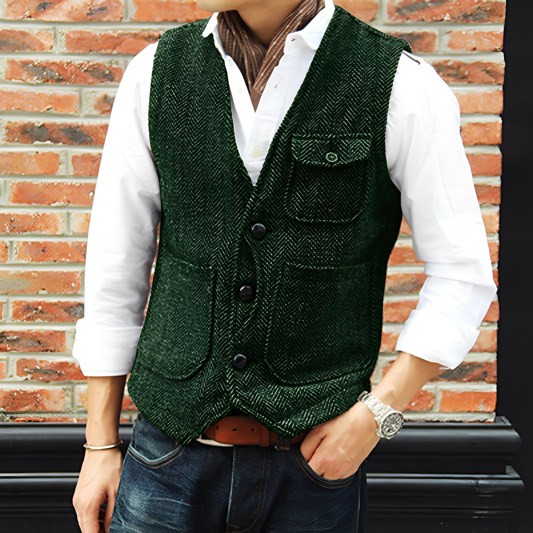 Colete de tweed cinza para homem, versátil para looks casuais e formais, com detalhes de bolsos.