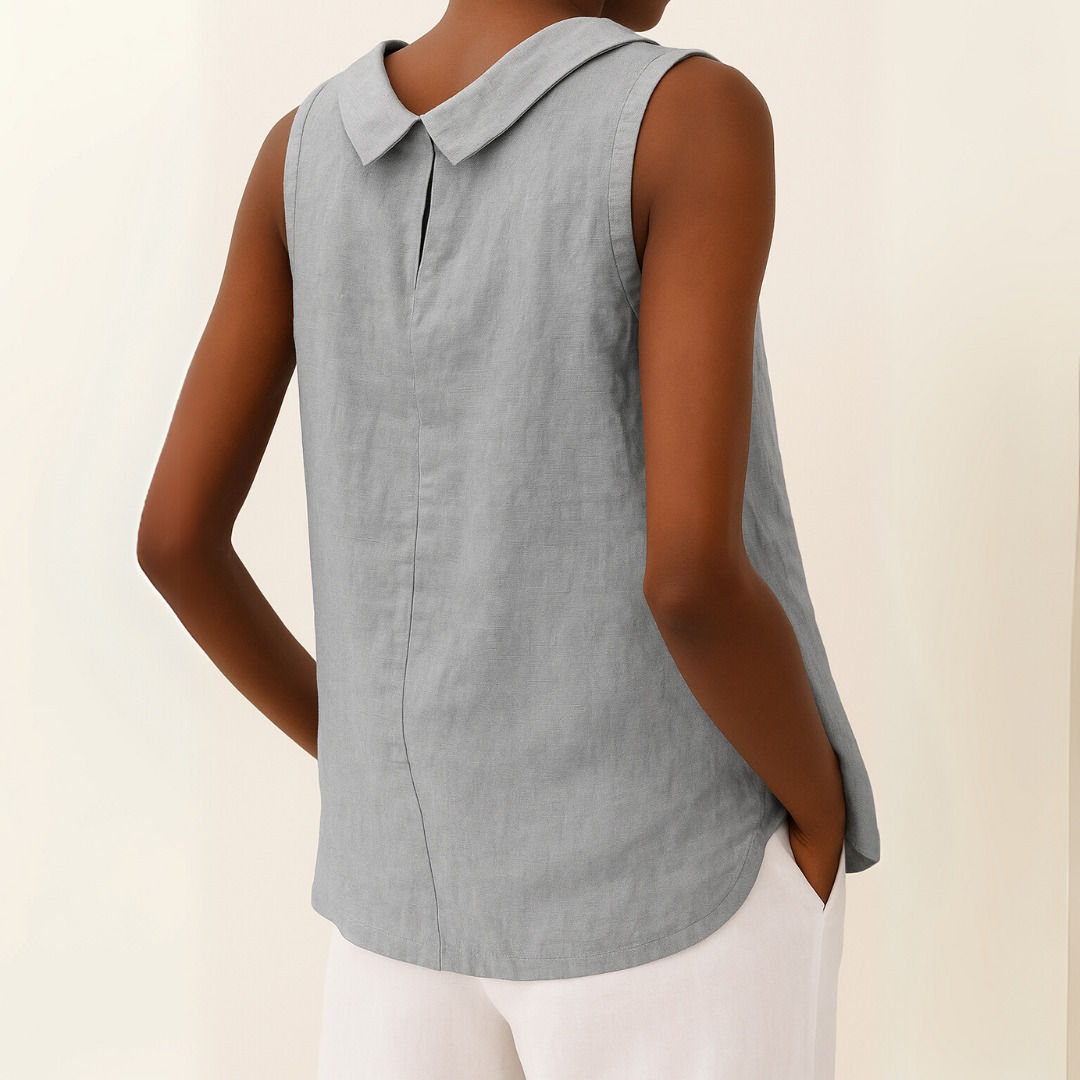 Blusa feminina elegante sem mangas para primavera-verão. Roupa leve com estilo para looks casuais.