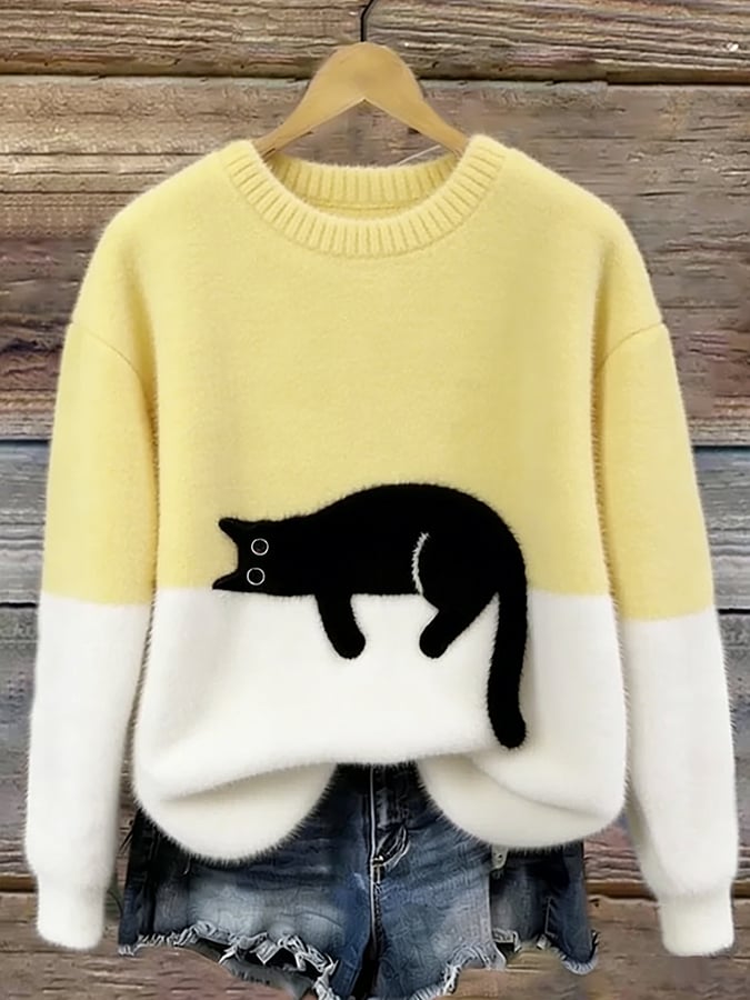 Camisola outono/inverno feminina, pulôver com estampa de gato, estilo casual e quentinho.