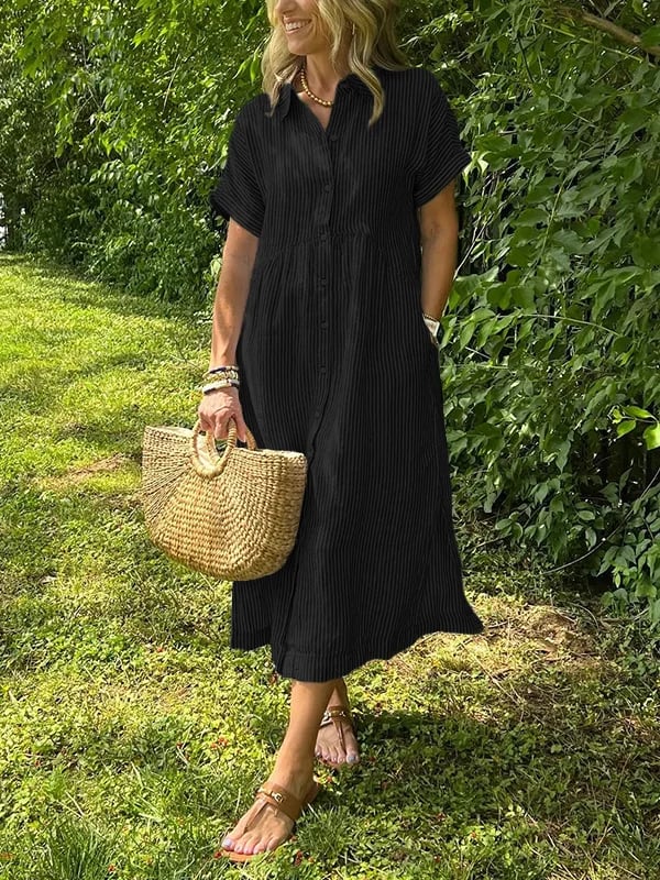 Vestido longo feminino elegante, fluido e de manga curta para o verão, ideal para um estilo casual chic.