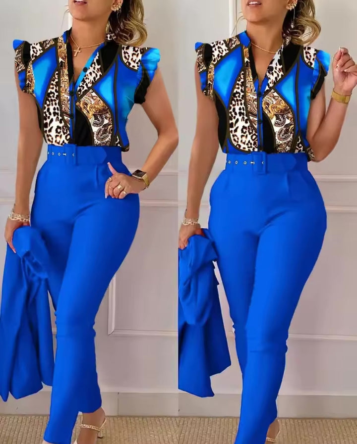 Terno feminino completo 3 peças: blazer acinturado, calça reta e camisa social para um visual chique.