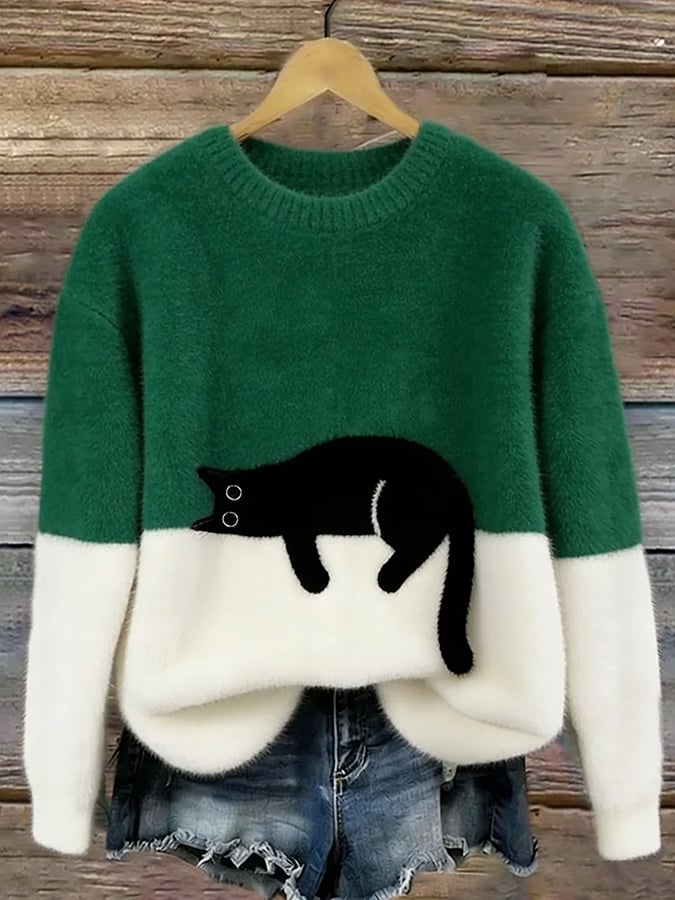 Blusa de tricô feminina com padrão de gato, super confortável para o frio e para momentos relax.