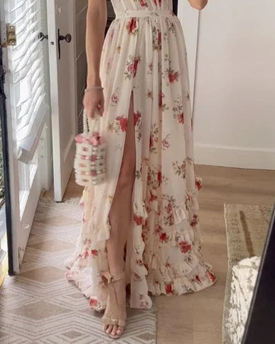 Vestido longo floral Charlice, elegante e versátil para festa ou uso casual de verão.