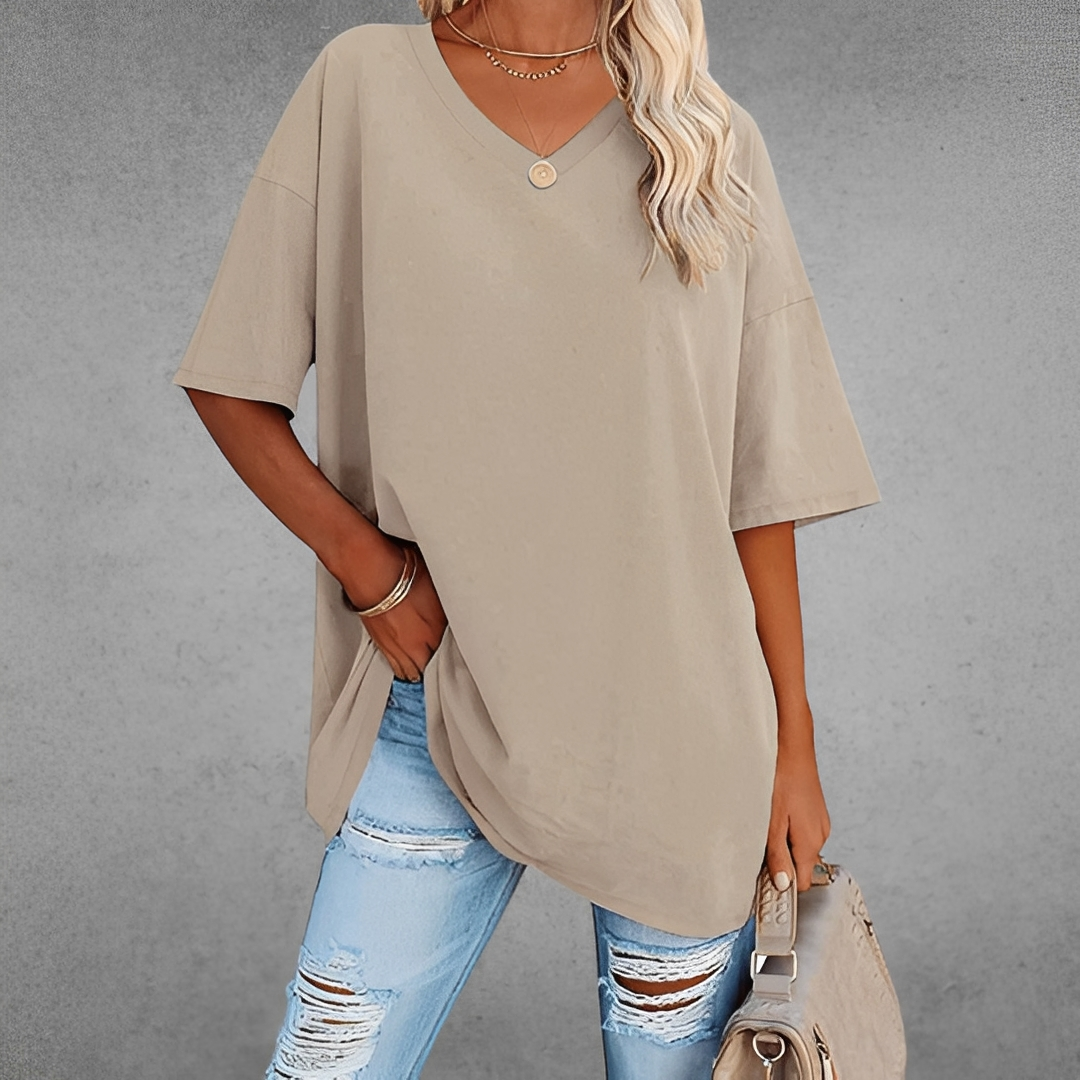 Blusa feminina casual com decote V, ideal para o verão. Conforto e elegância na moda feminina.