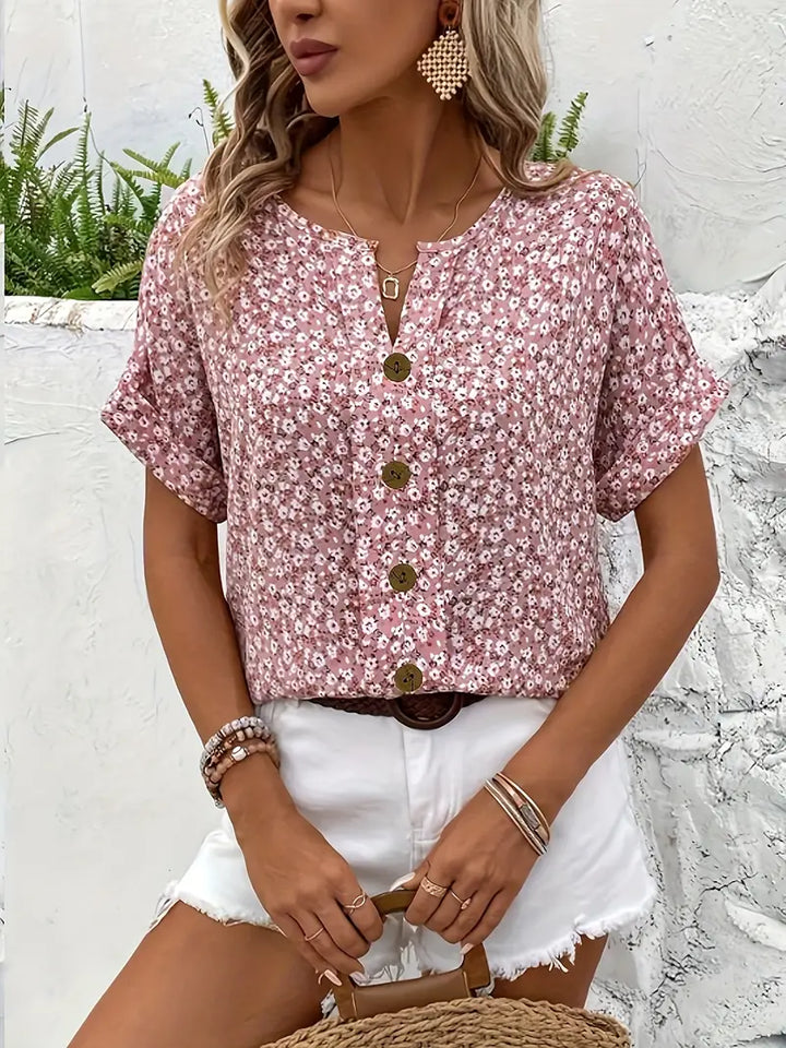 Blusa feminina floral para primavera verão. Estilo versátil, ideal para moda casual e elegante. Conforto e beleza.
