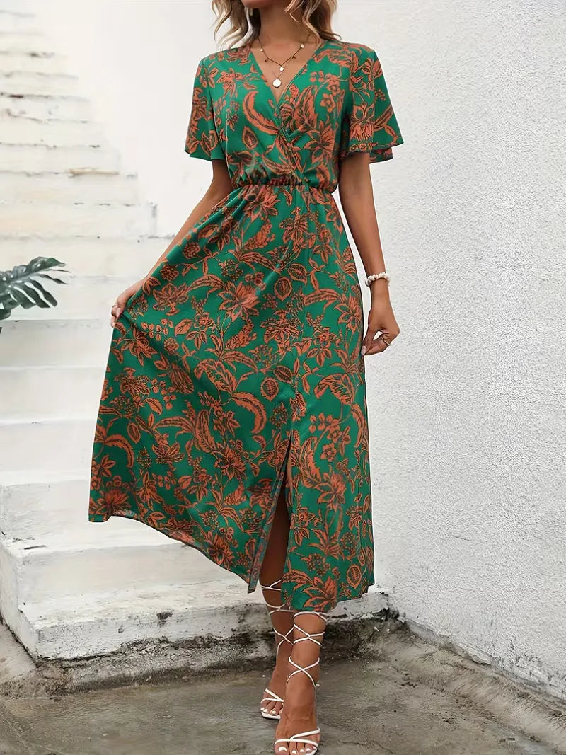 Vestido feminino roxo floral de verão. Estilo boêmio, midi, manga curta, elegante e confortável.
