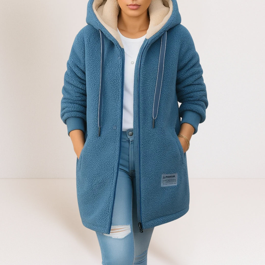 Casaco feminino elegante com capuz para outono/inverno. Confortável, versátil e estiloso para mulheres modernas.