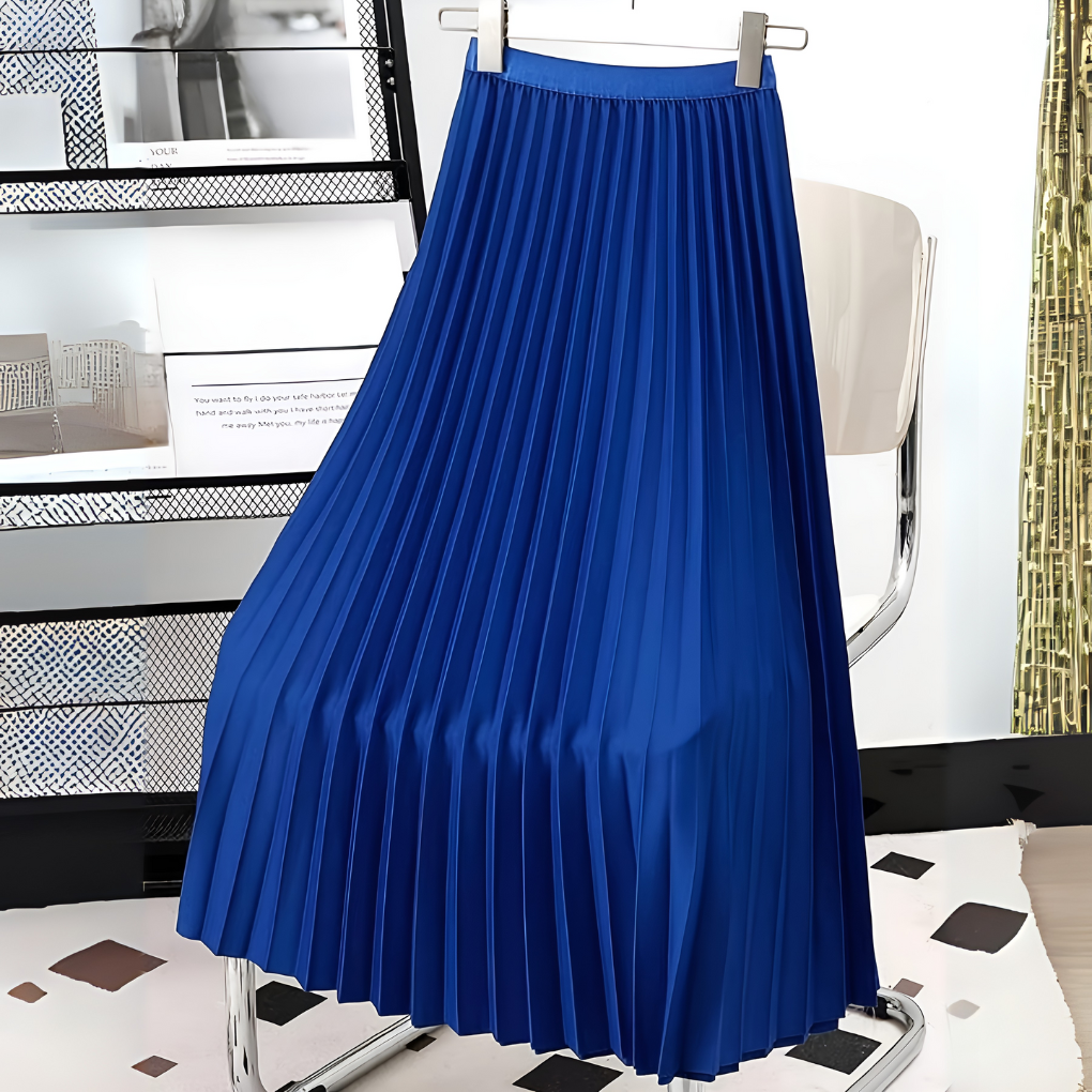 Saia midi plissada feminina colorida de cintura alta, peça versátil para um visual fresco de verão.