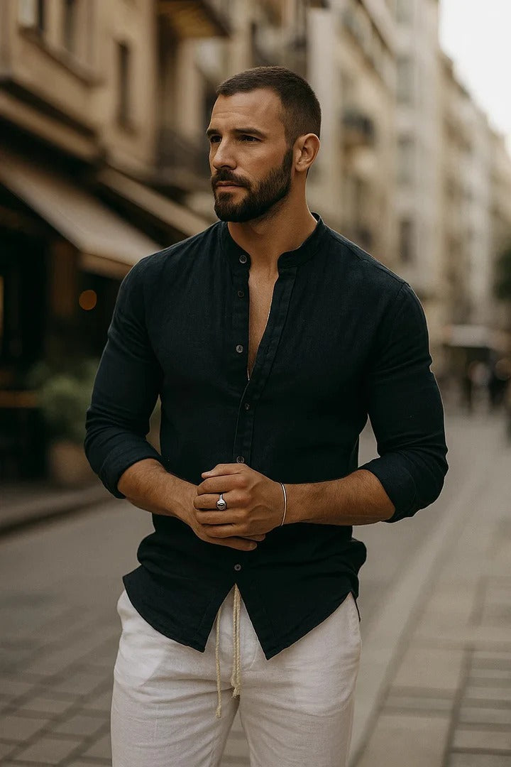 Camisa masculina casual de manga 3/4. Conforto e estilo moderno para a moda masculina de verão.