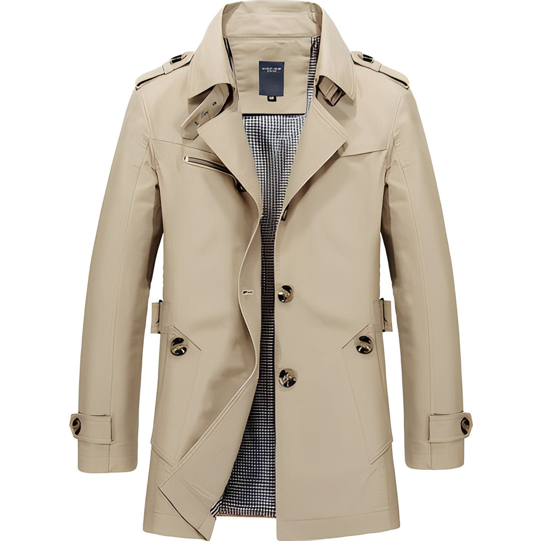 Casaco trench masculino elegante para outono e primavera. Sobretudo clássico e versátil para moda masculina.