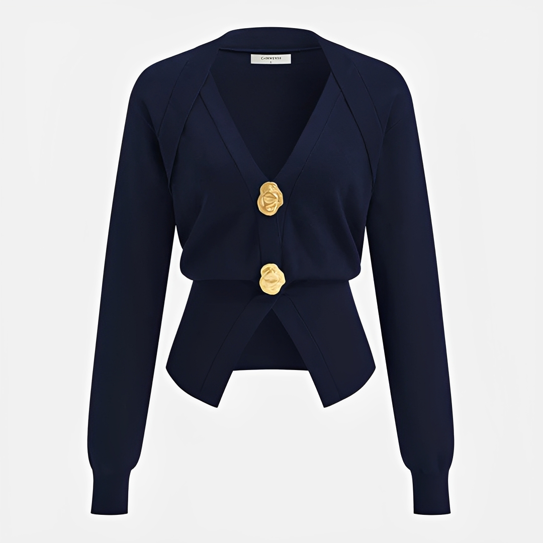 Cardigan feminino decote V. Roupa feminina elegante e casual, casaco perfeito para sobreposição e outono.