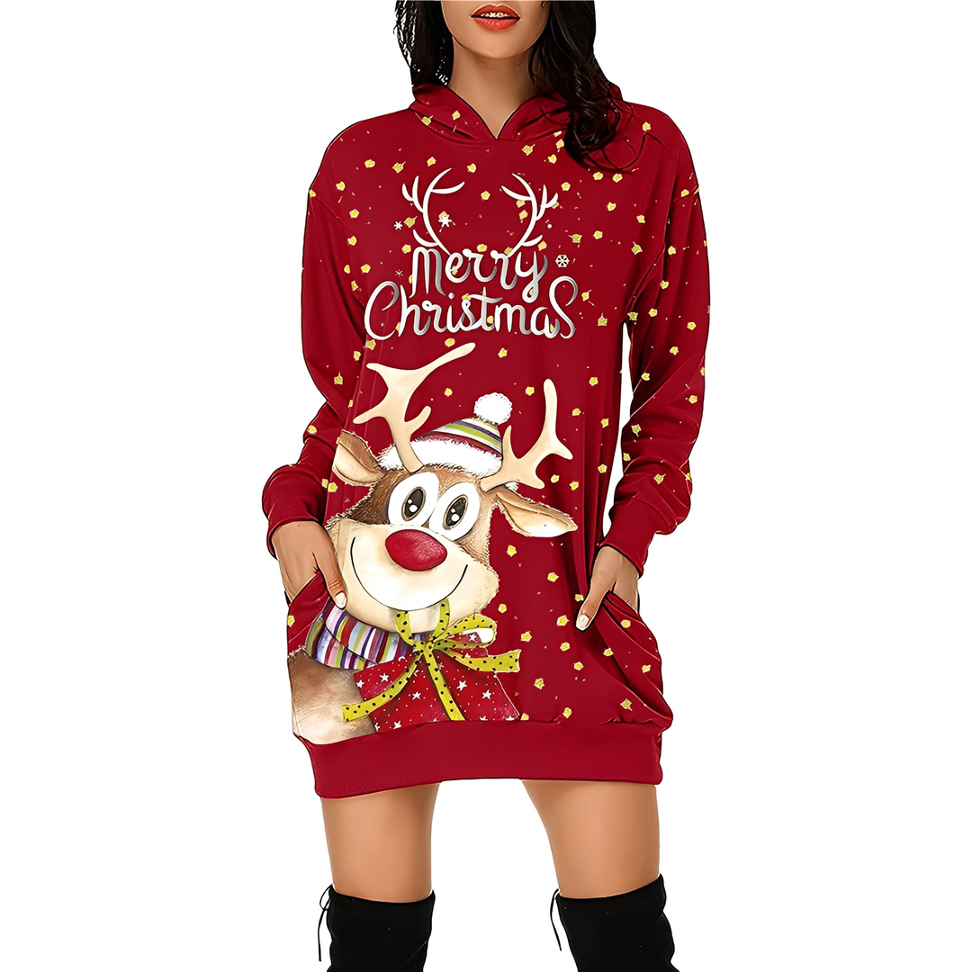Vestido feminino de Natal estampado com capuz. Roupa festiva e confortável para o inverno casual.