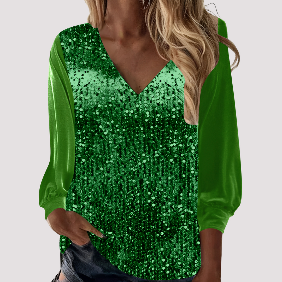 Blusa feminina de manga longa com lantejoulas para brilho, ideal para looks de festa, noite e moda verão elegante.