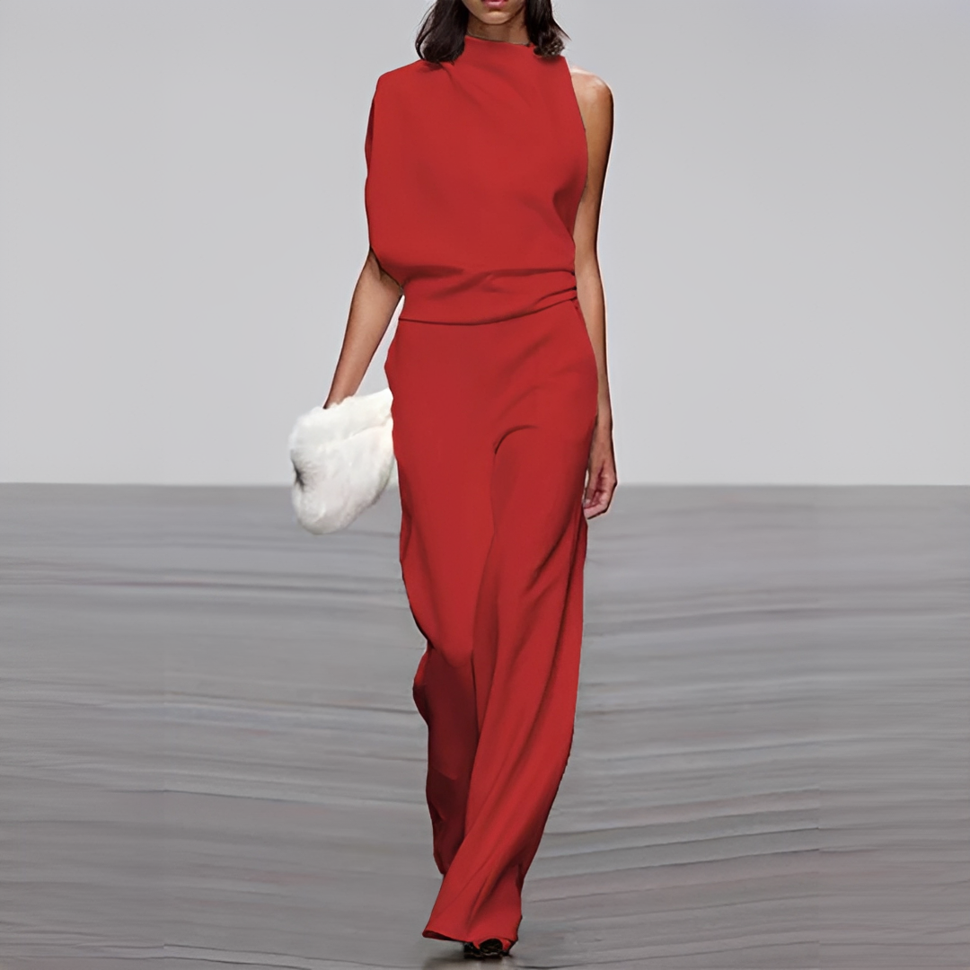 Macacão feminino versátil com decote redondo, pernas largas, ótimo para diversas ocasiões com elegância.