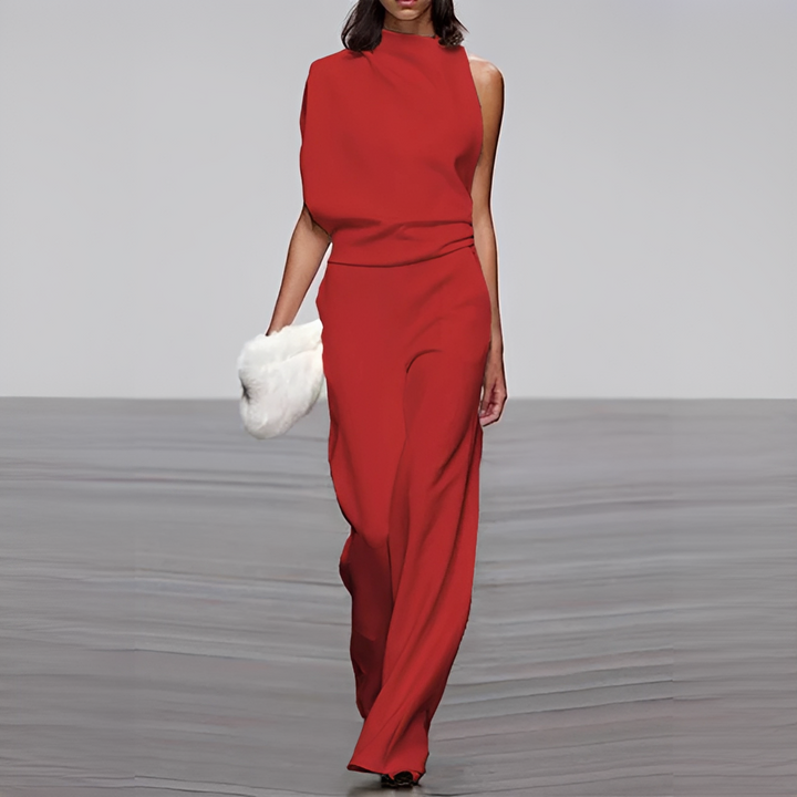 Macacão feminino versátil com decote redondo, pernas largas, ótimo para diversas ocasiões com elegância.