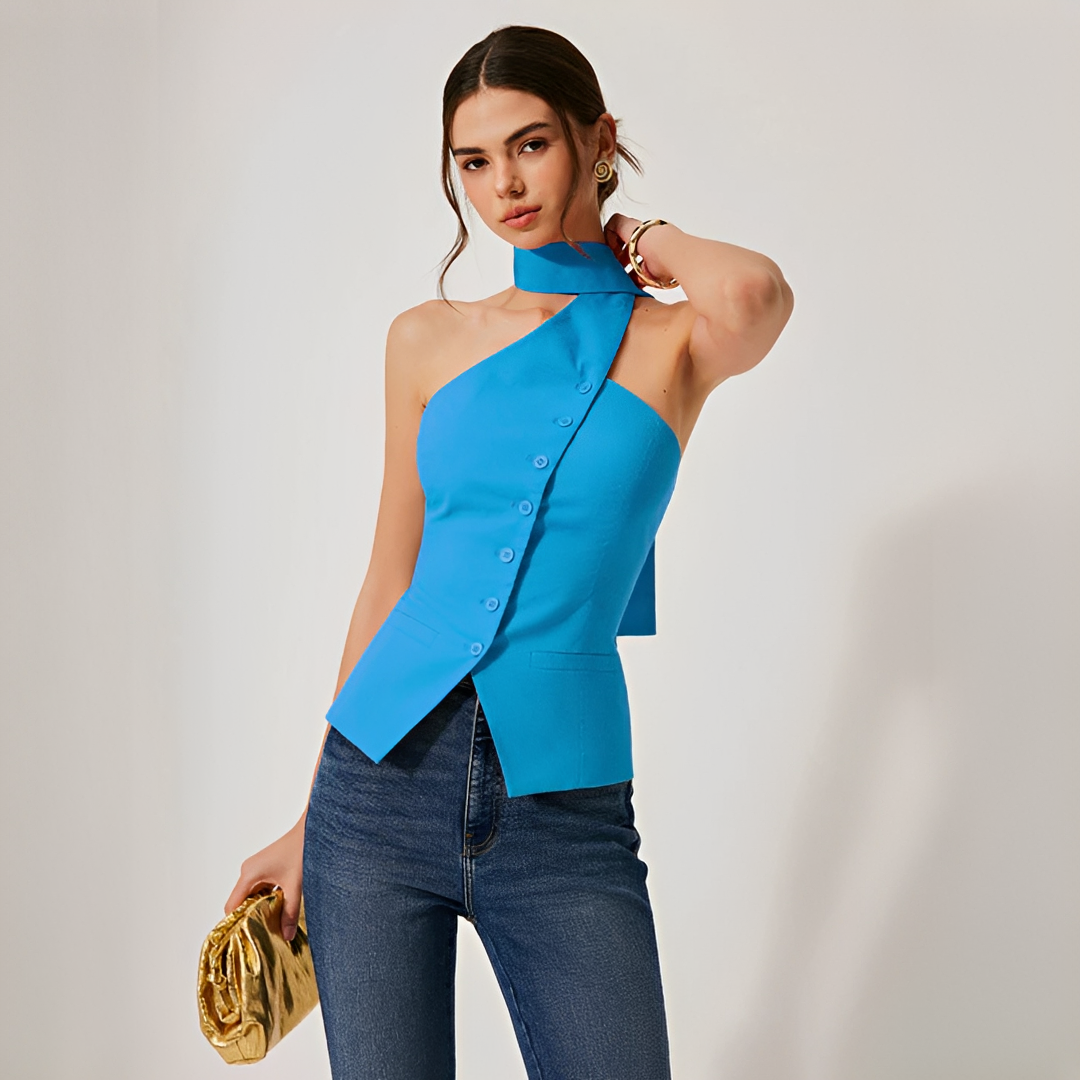 Top halter feminino moderno, com decote elegante e design sem mangas, ideal para o verão.