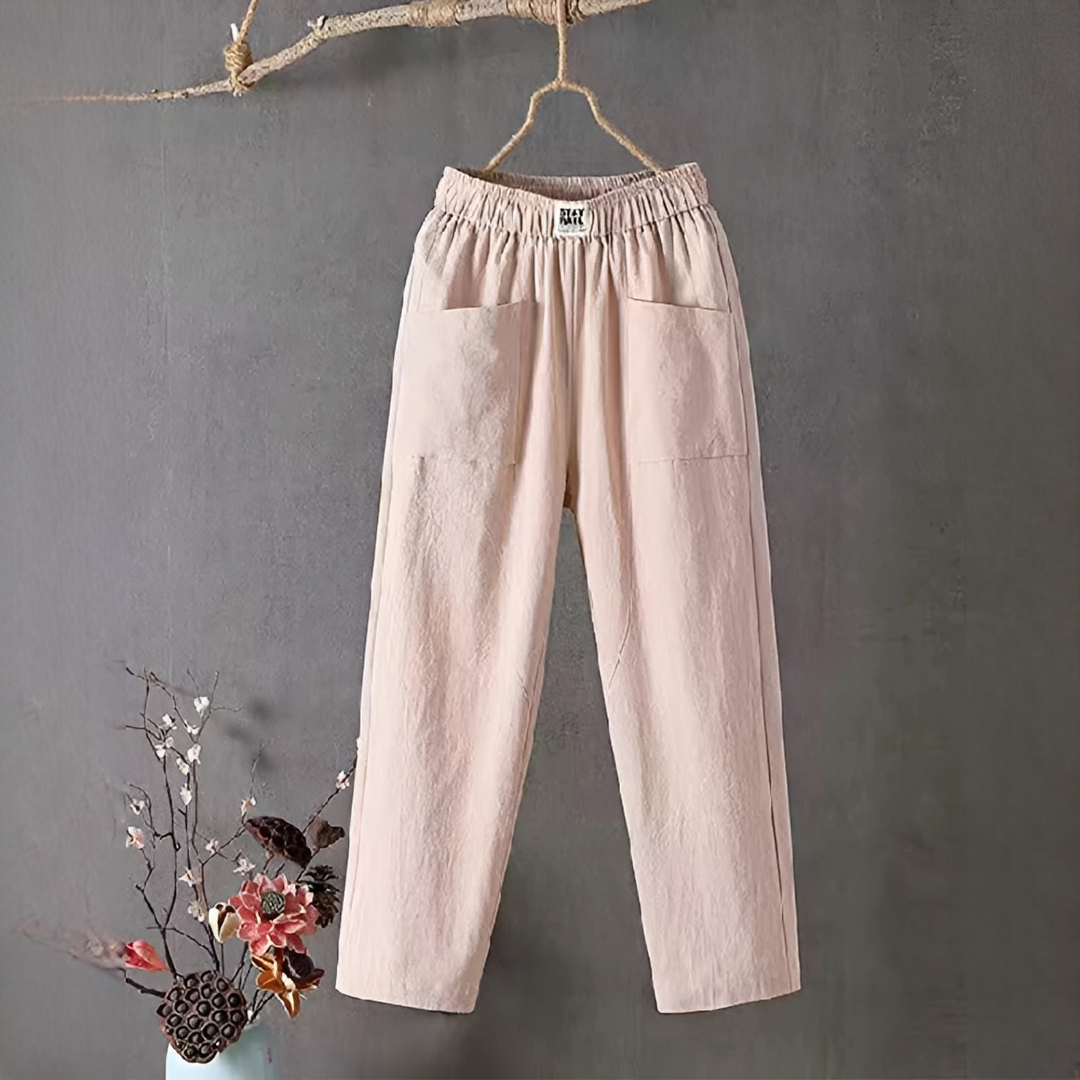 Calça feminina Sienna elegante e versátil. Estilo casual solto ideal para o conforto no verão e viagens.