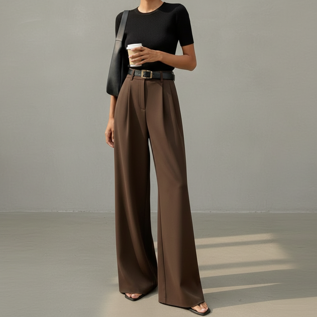 Calça feminina preta de perna larga, estilo elegante, essencial para guarda-roupa versátil e confortável.
